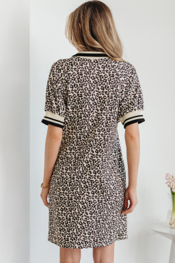 Khaki Leopard Print Zip Neck Striped Webbing Patchwork T Shirt Mini Dress