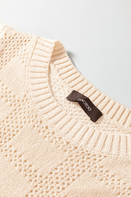 Apricot Plaid Pattern Crochet Knit Short Sleeve Sweater