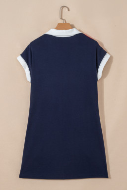 Navy Blue Americana Colorblock Stripes Zip up Collared T Shirt Mini Dress