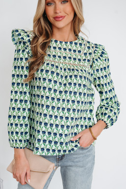 Green Floral Print Lace Detail Ruffle Trim Long Sleeve Blouse