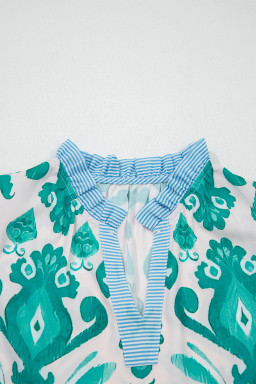 Sky Blue Ethnic Print Striped Trim Flutter Sleeve Top