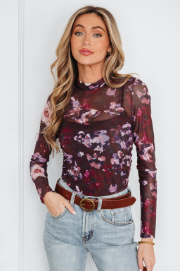 Brown High Neck Ruched Floral Mesh Top