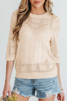 Apricot Plaid Pattern Crochet Knit Short Sleeve Sweater