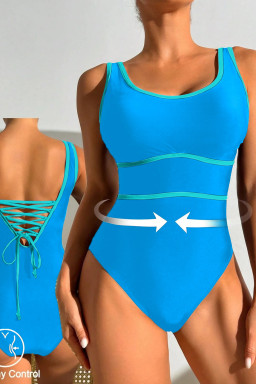 Blue Contrast Trim Lace-up Back One Piece Swimsuit
