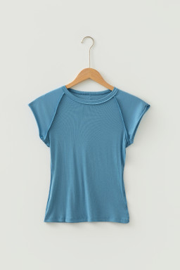Peacock Blue Crew Neck Cap Sleeve Ribbed T Shirt