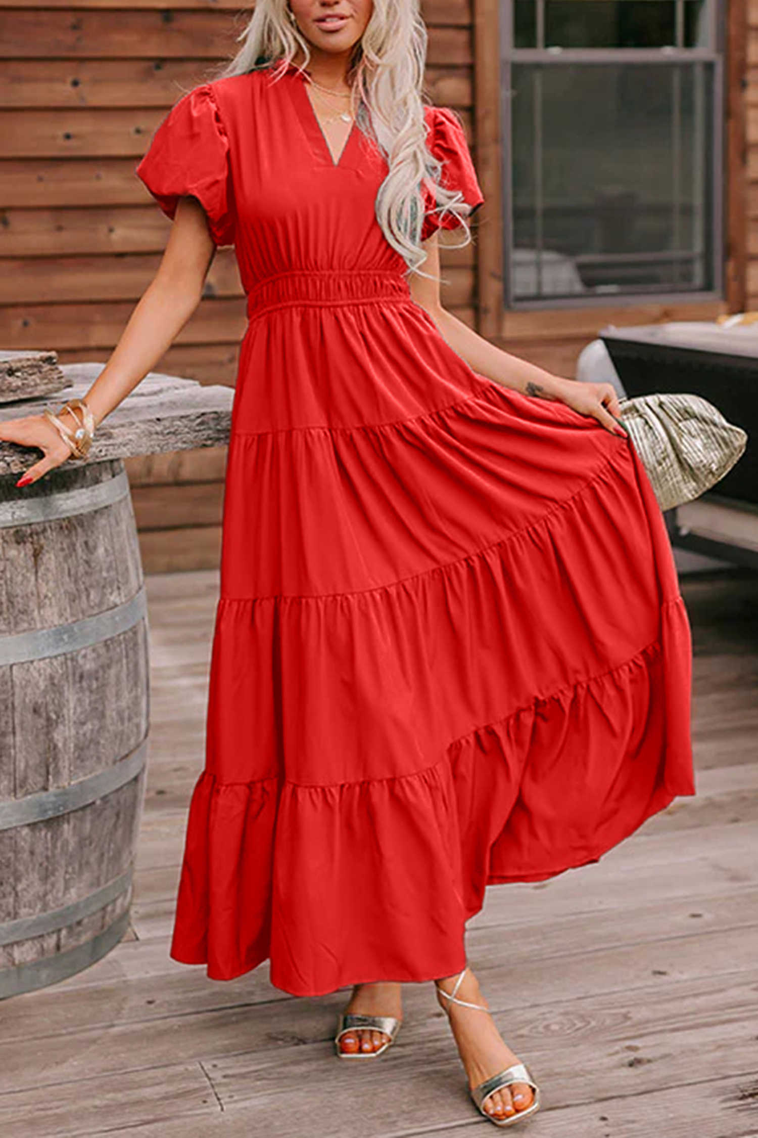Coral Solid Color V Neck Short Puff Sleeve High Waist Tiered Maxi Dress