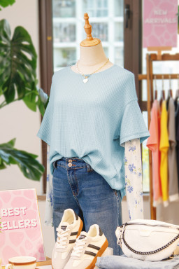 Beau Blue Floral Lace Sleeve Patchwork Waffle Fake Two-piece Top