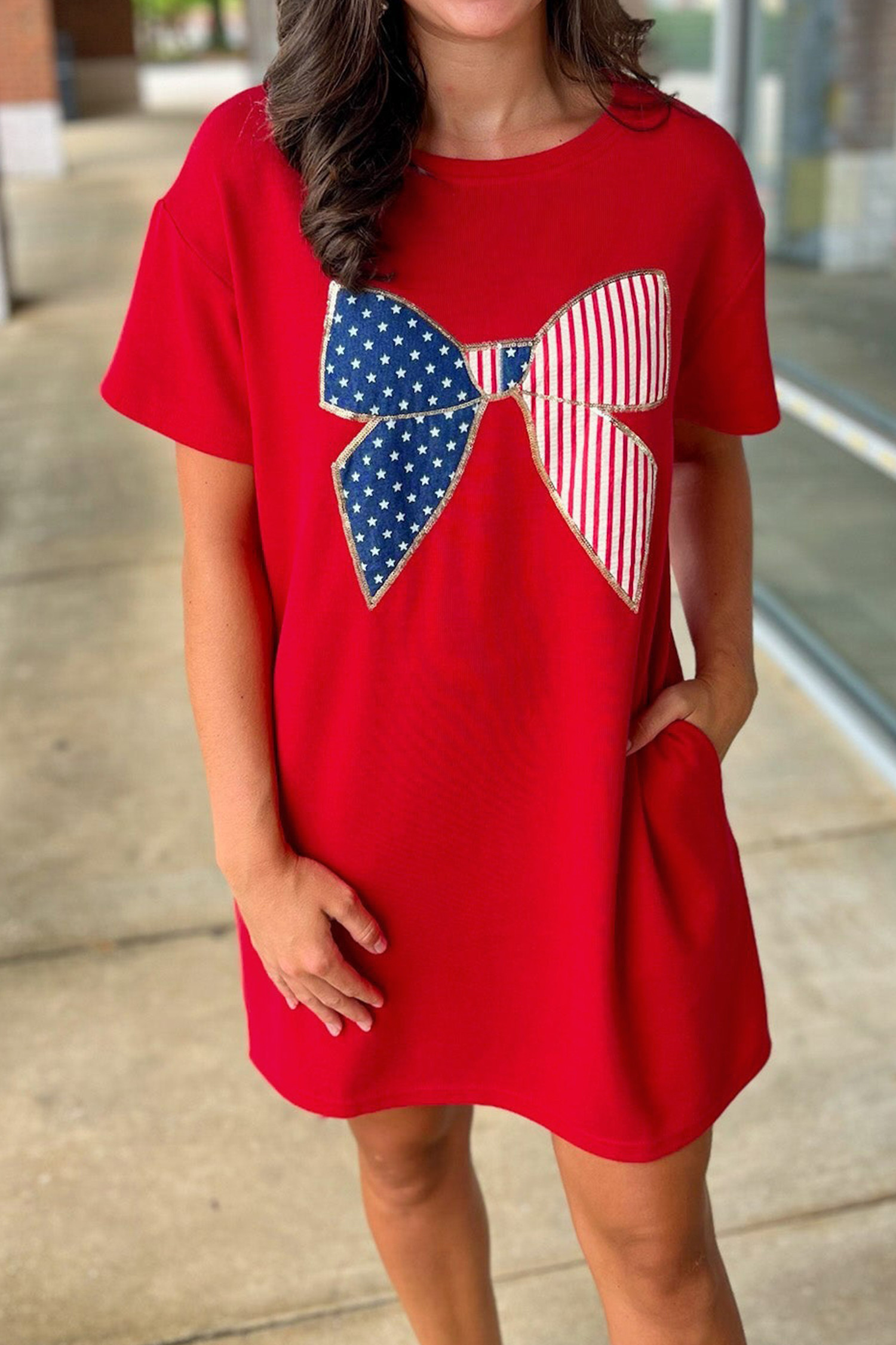 Fiery Red Sequin Trim Stars and Stripes Bow Patched T Shirt Mini Dress