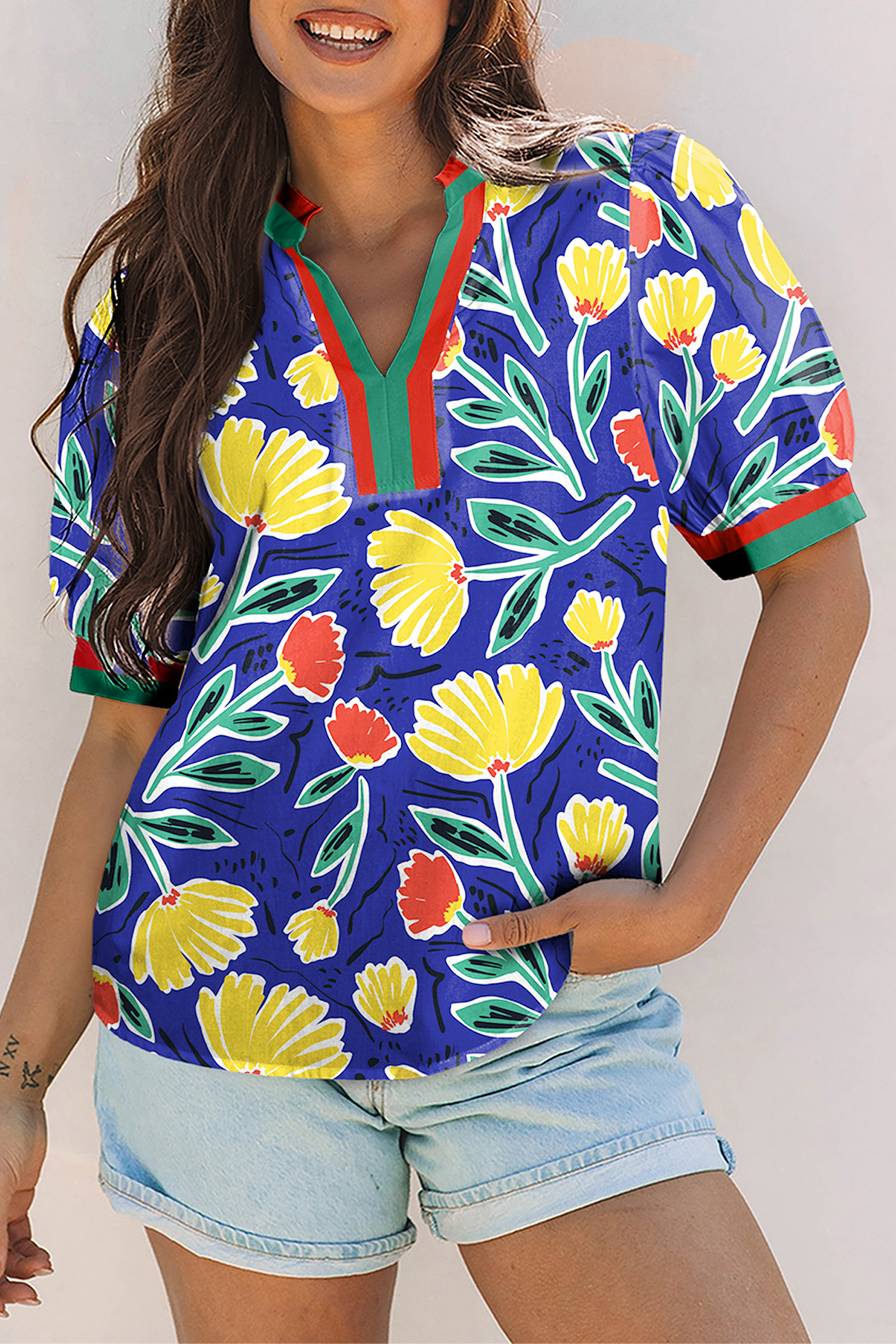 Blue Wild Floral Printed Contrast Striped Patchwork V Neck Short Sleeve Blouse