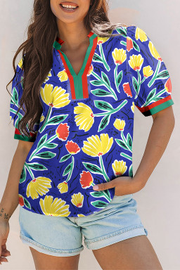 Blue Wild Floral Printed Contrast Striped Patchwork V Neck Short Sleeve Blouse