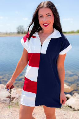 Navy Blue Americana Colorblock Stripes Zip up Collared T Shirt Mini Dress