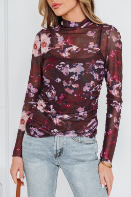 Brown High Neck Ruched Floral Mesh Top