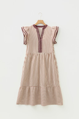 Brown Stripe Double Ruffled Short Sleeve Contrast Trim V Neck Midi Dress