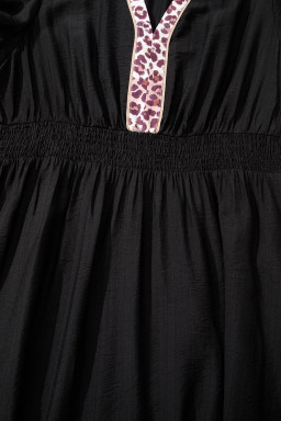 Black Leopard V Neck Patchwork Smocked Waist Plus Size Ruffled Dress
