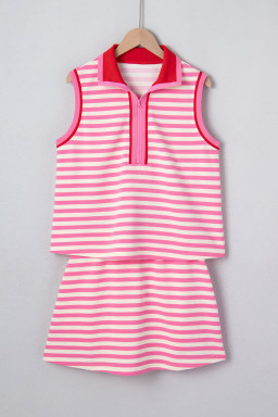 Sachet Pink Textured Stripe Print Contrast Trim Zip Collar Sleeveless 2pcs Skort Set