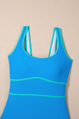 Blue Contrast Trim Lace-up Back One Piece Swimsuit