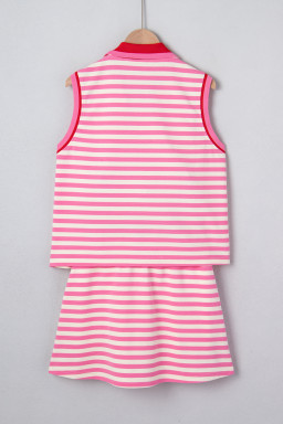 Sachet Pink Textured Stripe Print Contrast Trim Zip Collar Sleeveless 2pcs Skort Set