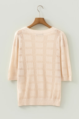 Apricot Plaid Pattern Crochet Knit Short Sleeve Sweater