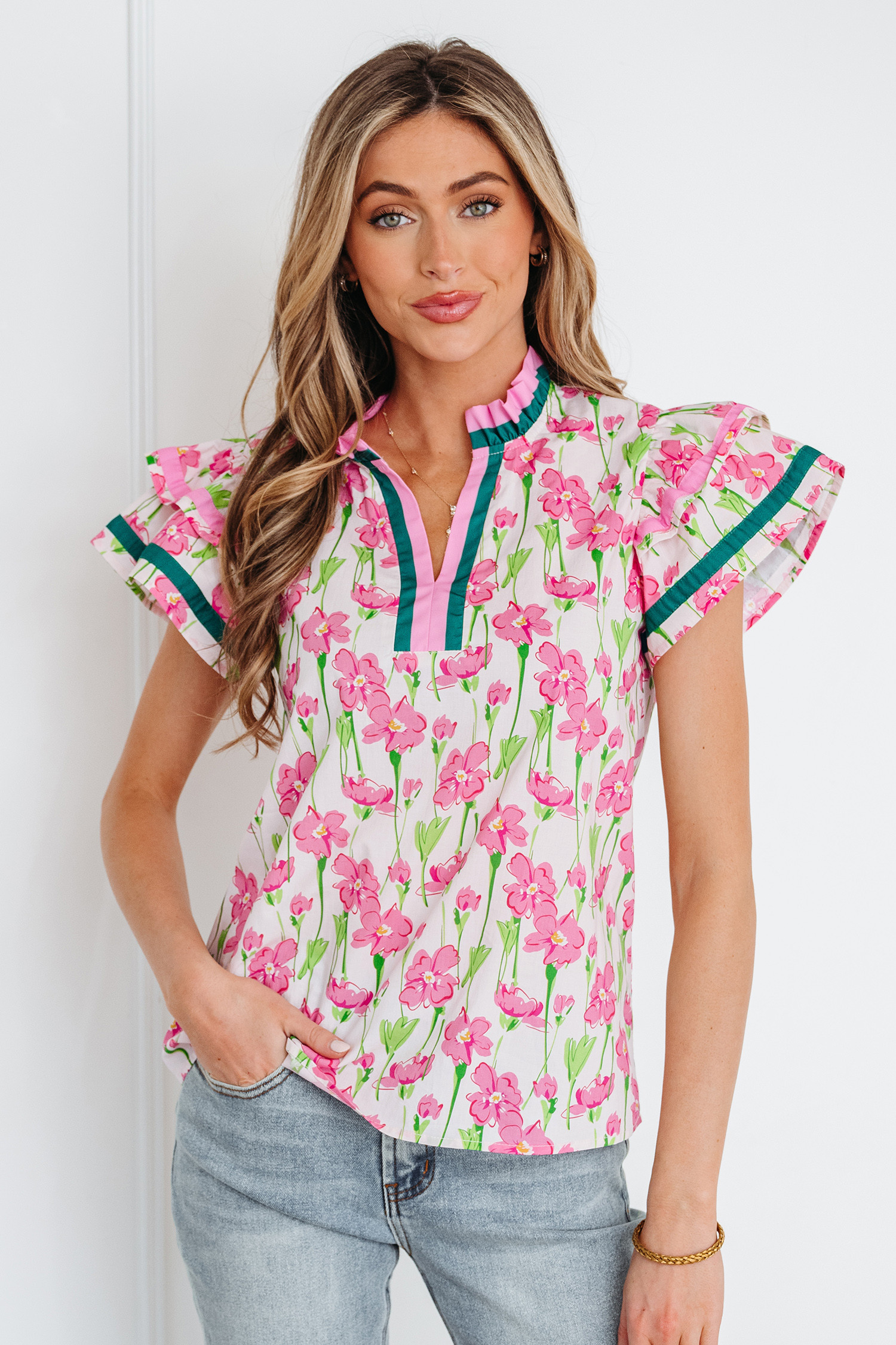 Pink Floral Print Contrast Trim V Neck Double Ruffled Short Sleeve Blouse