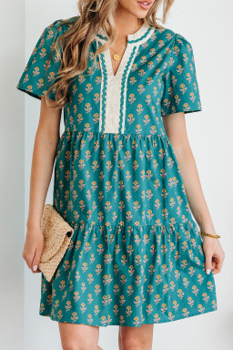 Green Contrast Trim V Neck Short Sleeve Floral Dress