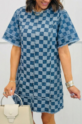 Sky Blue Frayed Hem Checkered Denim Mini Dress