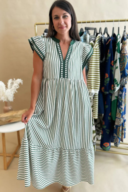 Green Stripe Double Ruffled Short Sleeve Contrast Trim V Neck Midi Dress