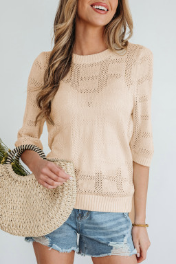 Apricot Plaid Pattern Crochet Knit Short Sleeve Sweater
