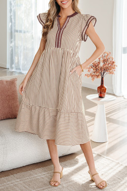 Brown Stripe Double Ruffled Short Sleeve Contrast Trim V Neck Midi Dress