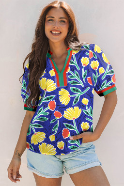 Blue Wild Floral Printed Contrast Striped Patchwork V Neck Short Sleeve Blouse