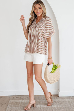 Brown Stripe Shirred V Neck Short Puff Sleeve Blouse