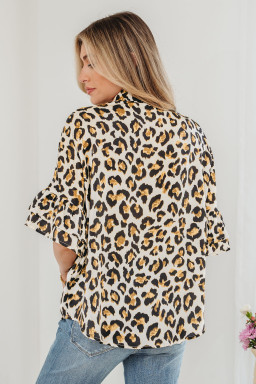Khaki Leopard Print Ruffle Trim 3/4 Sleeve Loose Shirt