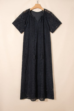Black Floral Lace Overlay Tassel Tie Short Sleeve Beach Vacation Loose Maxi Dress