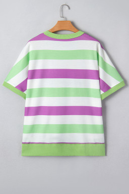 Green Stripe Lucky Clover Embroidered Graphic Dolman Loose Tee