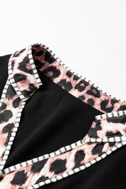 Black V Neck Short Puff Sleeve Contrast Striped Leopard Trim Button Down Shirt