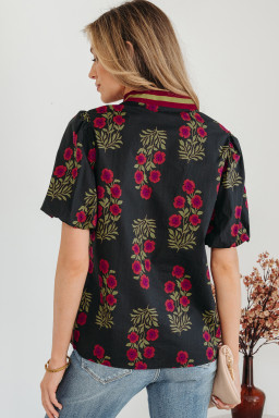 Black Floral Short Bubble Sleeve Contrast Slit Neckline Blouse