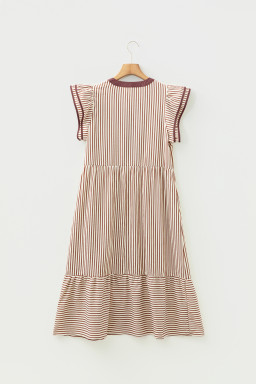 Brown Stripe Double Ruffled Short Sleeve Contrast Trim V Neck Midi Dress