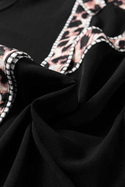 Black V Neck Short Puff Sleeve Contrast Striped Leopard Trim Button Down Shirt