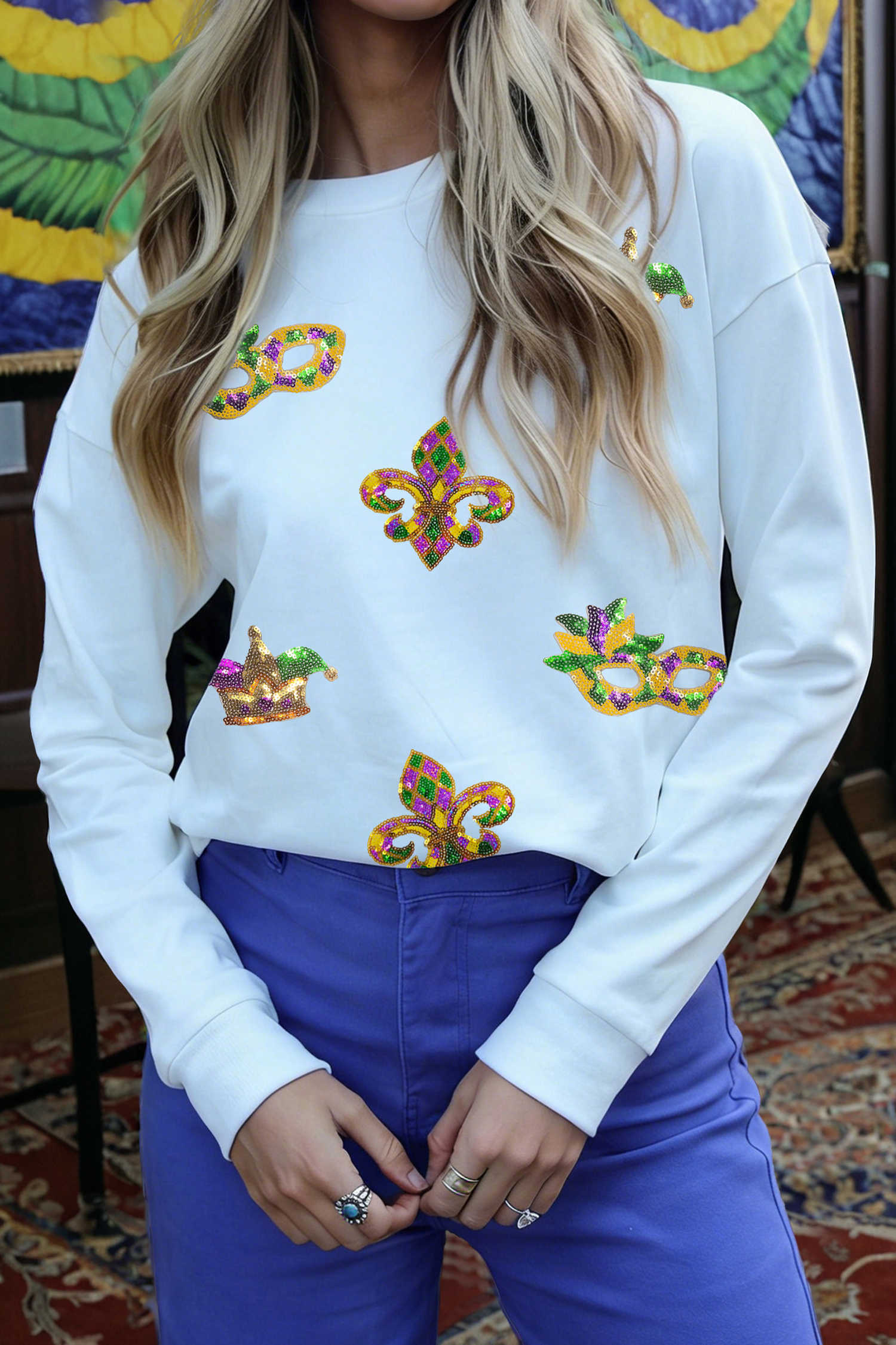White Sequin Mardi Gras Elements Womens Long Sleeve Top