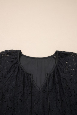 Black Floral Lace Overlay Tassel Tie Short Sleeve Beach Vacation Loose Maxi Dress