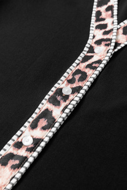 Black V Neck Short Puff Sleeve Contrast Striped Leopard Trim Button Down Shirt