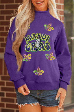Tillandsia Purple MARDI GRAS Leopard Lightning Sequin Graphic Mock Neck Sweatshirt