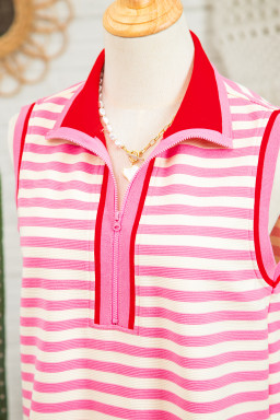 Sachet Pink Textured Stripe Print Contrast Trim Zip Collar Sleeveless 2pcs Skort Set