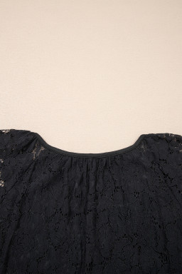 Black Floral Lace Overlay Tassel Tie Short Sleeve Beach Vacation Loose Maxi Dress