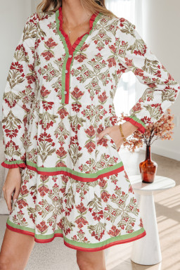 Pink Floral Print Contrast Trim Frilled Neck Long Sleeve Flared Dress