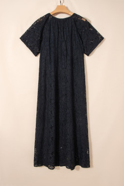 Black Floral Lace Overlay Tassel Tie Short Sleeve Beach Vacation Loose Maxi Dress