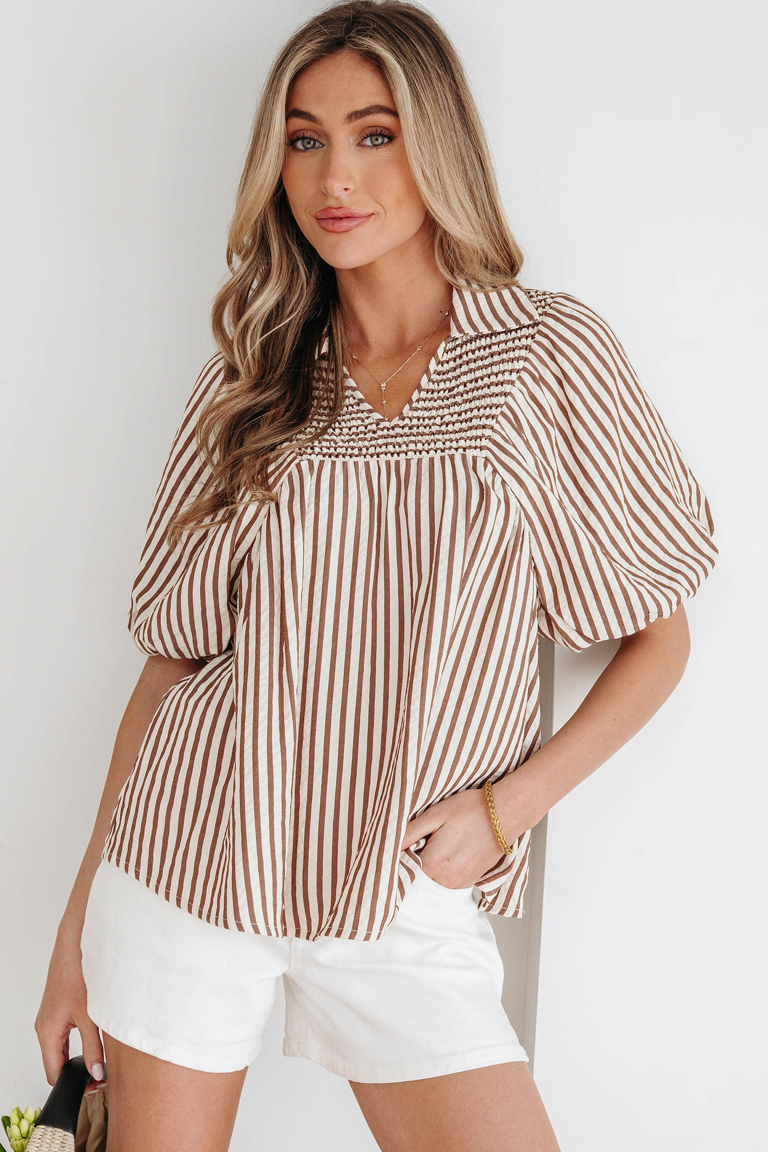 Brown Stripe Shirred V Neck Short Puff Sleeve Blouse