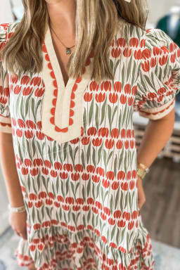 White Tulip Floral Print Cotton Puff Short Sleeve Mini Dress