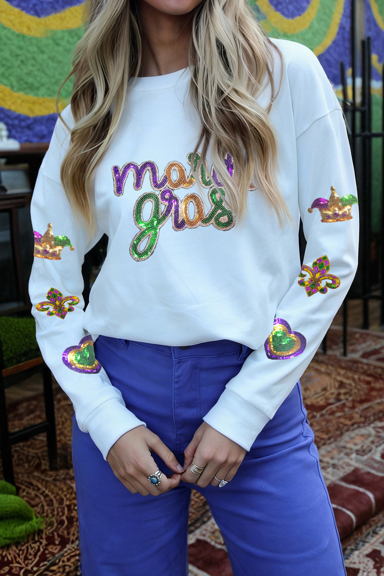 White Mardi Gras Sequin Patched Long Sleeve Top