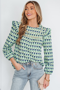 Green Floral Print Lace Detail Ruffle Trim Long Sleeve Blouse