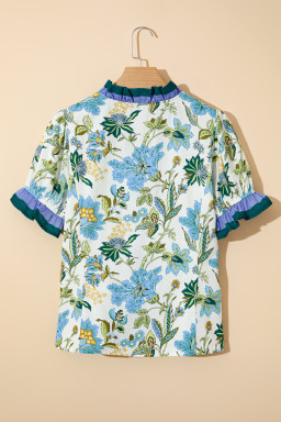 Beige Floral Print Contrasted Frilled Striped Trim Short Sleeve Blouse